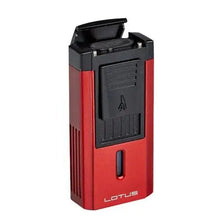 Load image into Gallery viewer, Lotus Duke V Triple Torch cigar lighter in red and black with V-cut design, designed for premium cigar lighting.