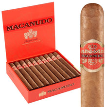 Load image into Gallery viewer, Macanudo Inspirado Orange Churchill medium-flavored cigar resting in a wooden box with open lid and cigar bands visible.