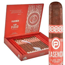 Load image into Gallery viewer, Plasencia Alma del Fuego Flama Panatela medium flavored cigars, showcasing the slender, elegant cigar with band and wrapper details.