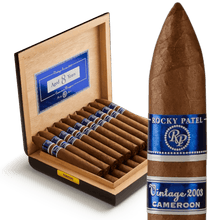 Load image into Gallery viewer, Medium flavored Rocky Patel Vintage '03 Cameroon Torpedo cigar displayed in its packaging.