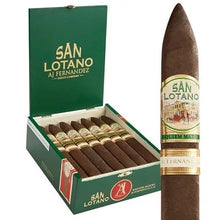 Load image into Gallery viewer, San Lotano Requiem Maduro Torpedo cigar, medium-flavored premium cigar with dark wrapper and detailed band, placed on a wooden surface.
