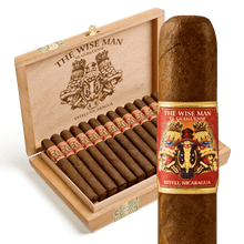 Load image into Gallery viewer, Nicaraguan coffee-infused The Wise Man Maduro Churchill cigar with dark, oily wrapper and intricate band design.