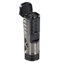 Load image into Gallery viewer, Black gun metal Xikar Tactical 1 cigar lighter with single flame, designed for precise lighting and easy handling.