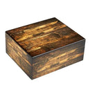 Adirondack Cigar Humidor by Boston's Cigar Shop showing a wooden cigar humidor with a glass top and interior storage for cigars.