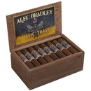 Alec Bradley Magic Toast Chunk sweet flavored cigar with a dark wrapper, displayed on a wooden surface with a lit end.