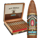 Alec Bradley Prensado Lost Art Torpedo full-flavored cigar displayed in a wooden box, showcasing the premium cigar's rich wrapper and band.