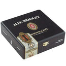 A close-up of Alec Bradley Prensado Torpedo medium-flavored cigars with dark wrapper and band, arranged on a wooden surface.