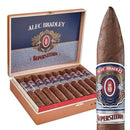 A close-up of Alec Bradley Superstition Torpedo medium flavored cigars displayed in a wooden box.