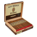 Alec Bradley Tempus Terra Novo Robusto full-flavored cigar lying on a wooden surface, showcasing its rich brown wrapper and band detail.