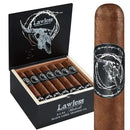 Medium flavored Black Label Trading Co. Lawless Robusto cigar with a dark wrapper, displayed on a wooden surface.