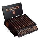 Blackened by Drew Estate Corona medium-flavored cigars, with dark wrappers and premium cigar band, displayed on a wooden table.