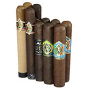 Cigar sampler featuring a variety of CAO Dream Team cigars with colorful packaging, displayed on a wooden surface.