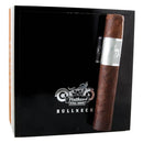 Full-flavored CAO Flathead Steel Horse Bullneck Toro cigar resting on a box, showcasing its dark wrapper and bold packaging.