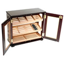 Countertop cigar humidor from Boston's Cigar Shop with glass display and wood finish for storing premium cigars.
