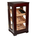 Vertical desktop cigar humidor by Boston's Cigar Shop, showcasing a glass display case for storing premium cigars.