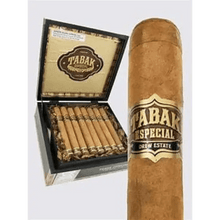 Load image into Gallery viewer, Drew Estate Tabak Especial Robusto Dulce medium flavored cigar with a dark wrapper and Cuban-style band, resting on a wooden surface.
