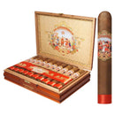 Coffee-infused La Antiguedad by My Father Robusto cigar resting on a wooden surface, showcasing its rich wrapper and rounded shape.