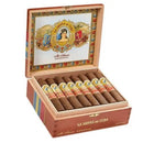 La Aroma de Cuba Belicoso medium flavor cigar with a dark wrapper, displayed on a wooden surface, showcasing its elegant design.