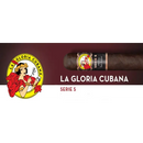 Full-flavored La Gloria Cubana Serie S Robusto Presidente cigar displayed in a wooden box with a band and cigars inside.