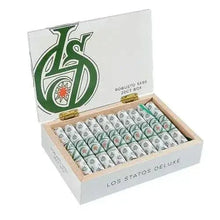 Load image into Gallery viewer, Honduran Los Statos Deluxe Robusto medium-flavored cigars in a wooden box, showcasing their rich brown wrapper.
