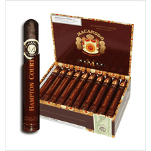 Load image into Gallery viewer, Medium flavored Macanudo Maduro Hampton Court tube cigars, showcasing rich brown wrappers and elegant packaging.
