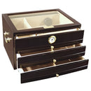 Napoleon II cigar humidor by Boston's Cigar Shop, showcasing polished wood exterior and interior compartments for cigar storage.