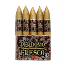 Coffee-infused Perdomo Fresco Torpedo cigar with a dark, oily wrapper and band displaying the Perdomo logo and product details.