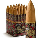 Coffee-infused Perdomo Fresco Torpedo cigar with a smooth, dark wrapper and detailed band, resting on a wooden surface.