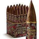 Coffee-infused Perdomo Fresco Torpedo Maduro cigar resting on a wooden surface, highlighting its dark, oily wrapper and tapered shape.