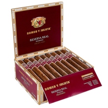 Load image into Gallery viewer, Nicaraguan Romeo Y Julieta Reserva Real cigar with coffee infusion, shown in a Gordo size with rich, dark wrapper and detailed band.
