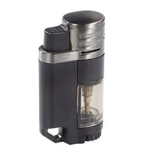 Load image into Gallery viewer, Gun metal Rockwell Quad Torch Cigar Lighter with multiple flame nozzles, designed for precise cigar lighting.
