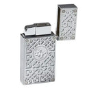 Chrome silver Rocky Patel Burn cigar lighter with sleek design, featuring a push-button ignition and compact shape.