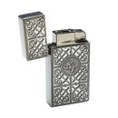 White Rocky Patel Burn cigar lighter with sleek design, shown with its flame ready for lighting cigars.