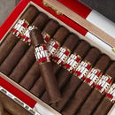 Full-flavored Romeo y Julieta Churchill cigar displayed on a wooden surface, showcasing its rich, dark wrapper and elegant band.