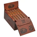 Southern Draw Kudzu Oscuro Toro coffee-infused cigar with dark wrapper and detailed band, resting on a wooden surface.