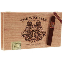 Load image into Gallery viewer, Coffee-infused The Wise Man Maduro Corona Gorda cigar from Boston's Cigar Shop, featuring a dark, oily wrapper and detailed band.

