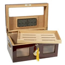 Versailles Display Humidor by Boston's Cigar Shop showing glass top and wooden interior for storing cigars.