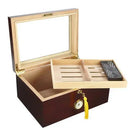 Whitetail II Glasstop Cigar Humidor by Boston's Cigar Shop with clear glass lid and wooden interior for storing cigars.