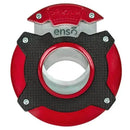 Red Xikar Enso cigar cutter with stainless steel blades, compact and ergonomic, designed for clean, precise cuts.