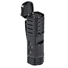 Load image into Gallery viewer, Black Xikar Tactical 1 Lighter with single flame, cigar lighter designed for precise ignition, shown in a sleek, compact design.
