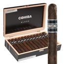 Full-flavored Cohiba Black Supremo Toro cigar displayed in a box with dark wrapping and band, ideal for cigar enthusiasts.