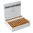Macanudo Inspirado White Churchill domestic cigar displayed on a white surface, showcasing its band and smooth wrapper.